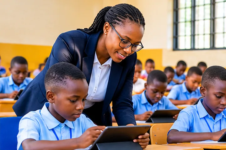 A teacher helping a pupil with a tablet in a classroom