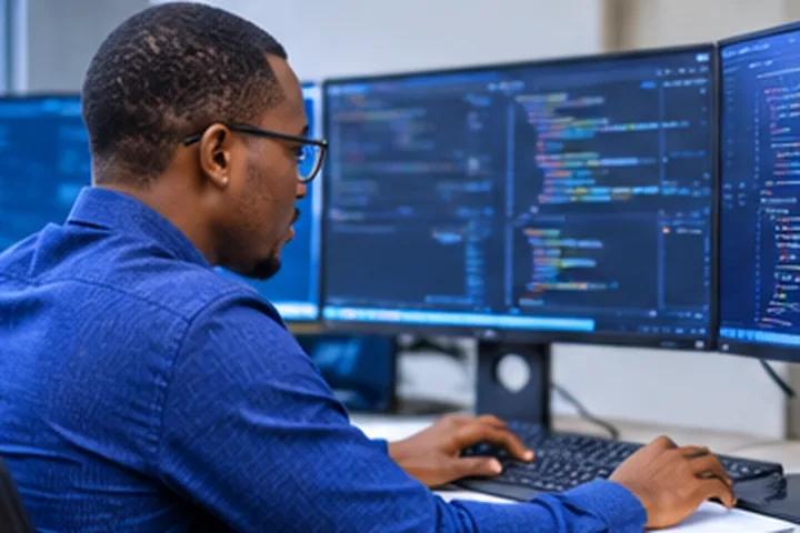A developer at a desk with two monitors of code