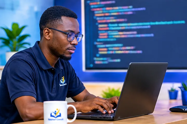 A software developer working on a laptop