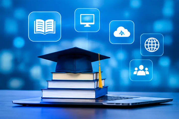 Books, a mortarboard and digital learning icons