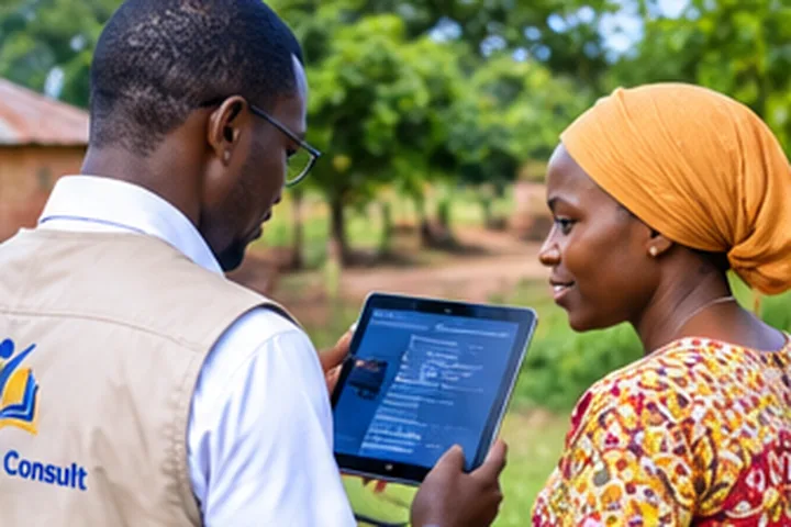 A field officer using a tablet while speaking with a community member