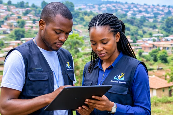 Two field workers collecting data on a tablet