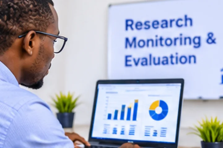 A researcher at a desk beside a monitoring and evaluation board