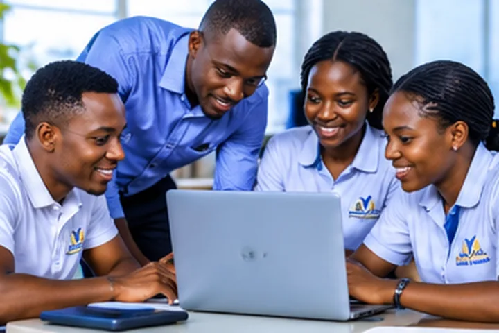 Four colleagues working together around a laptop