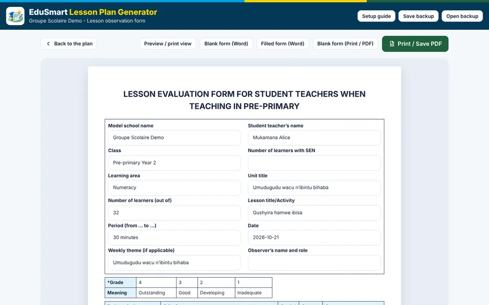 The REB lesson observation form